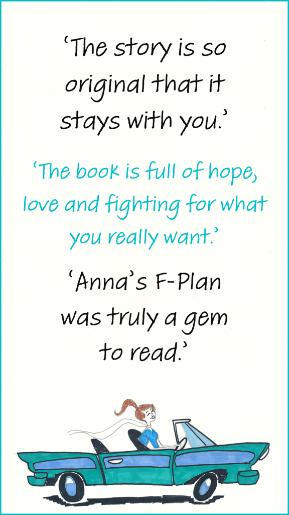 Cartoon girl driving car and book review