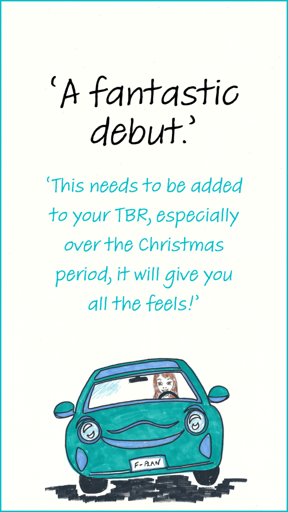 Cartoon of girl driving car and book review